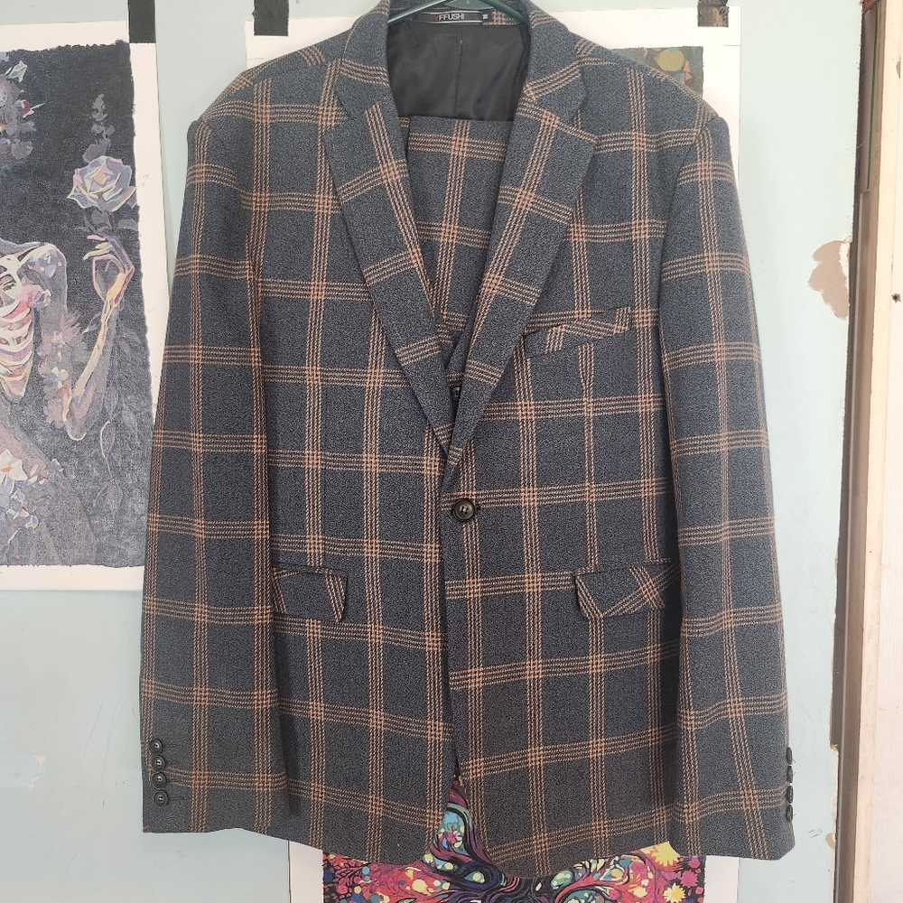 Men's 3 Piece Suit Plaid Green/Gray/Tan Wool/Poly Blend